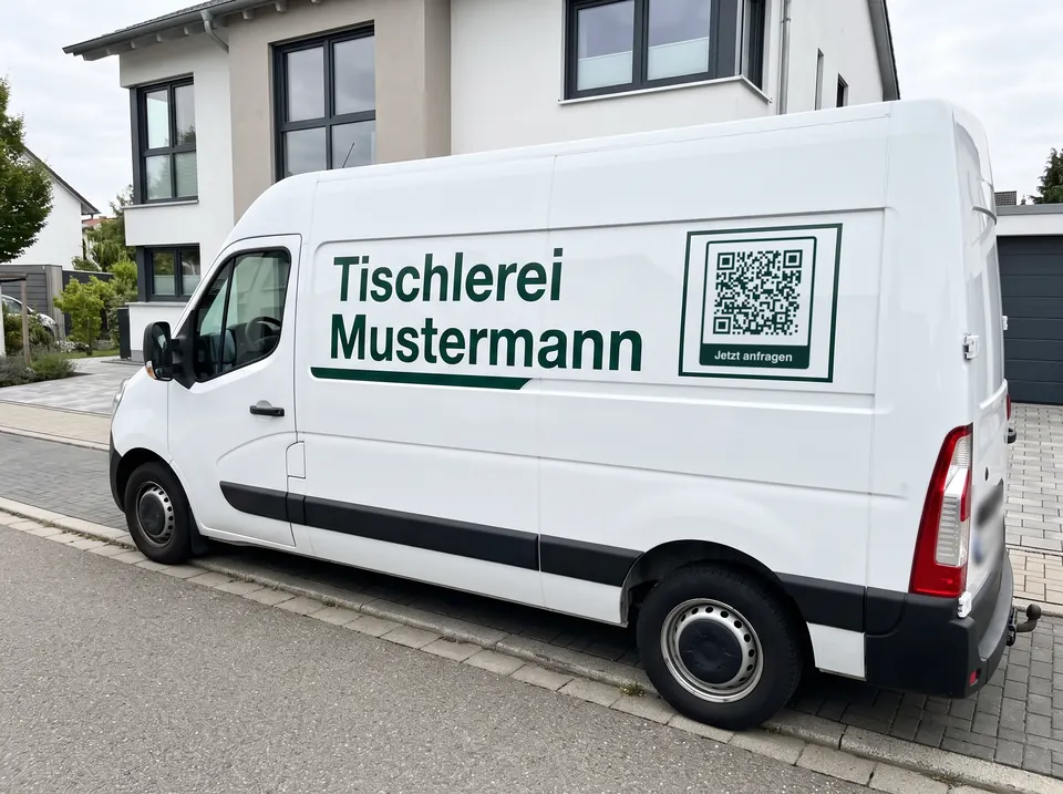 Weißer Transporter einer Tischlerei, auf der Seitenwand ein QR-Code mit dem Rahmen „Jetzt anfragen“