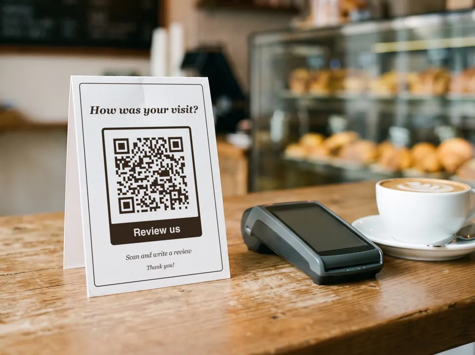Table card on a café counter with a QR code and the frame “Review us”, next to a card terminal and a cappuccino