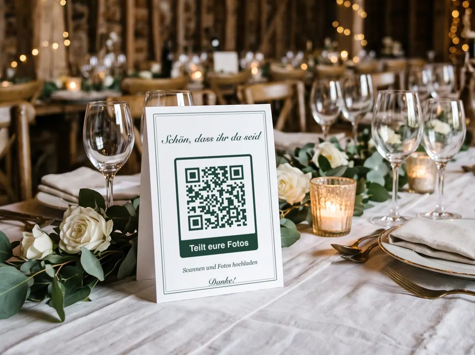 Tischkarte auf einer Hochzeitstafel mit QR-Code und dem Rahmen „Teilt eure Fotos“, daneben weiße Rosen, Eukalyptus und Windlichter