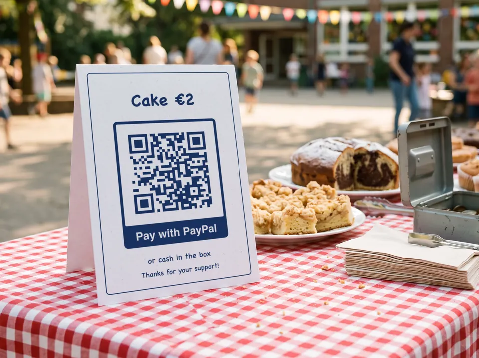 Table card at a bake sale stall at a school fair with a QR code and the frame “Pay with PayPal”, next to marble cake, crumble cake and a cash box