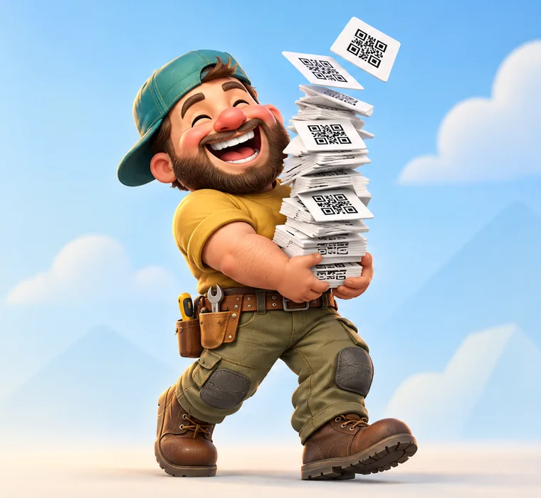 Ein gut gelaunter Handwerker mit Werkzeuggürtel trägt einen hohen Stapel frisch gedruckter QR-Code-Karten.