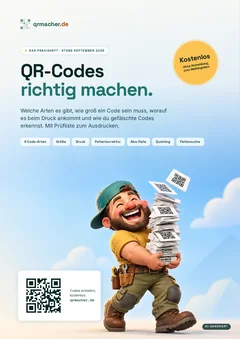 Titelseite des Praxishefts „QR-Codes richtig machen“: Ein lachender Handwerker trägt einen Stapel QR-Code-Karten.